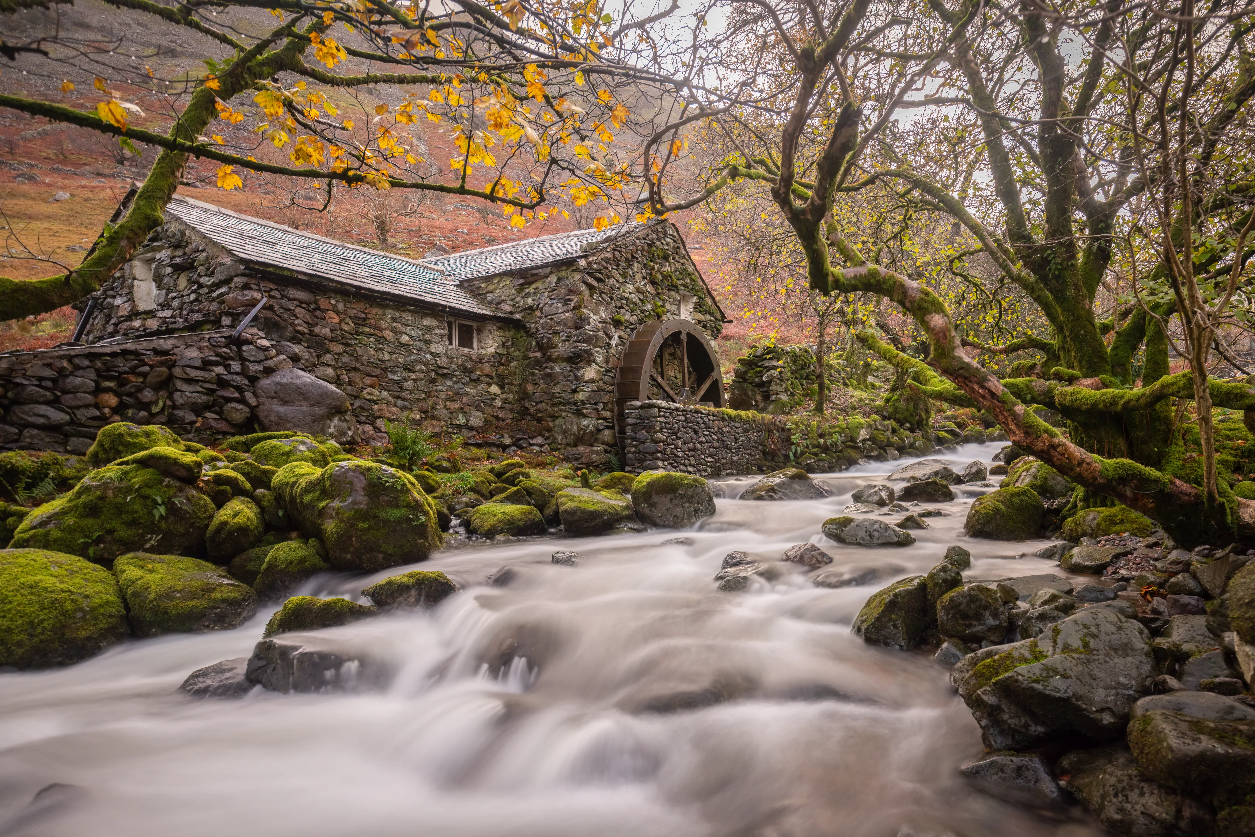 Stream flowing over rocks beneath autumn trees beside a stone building